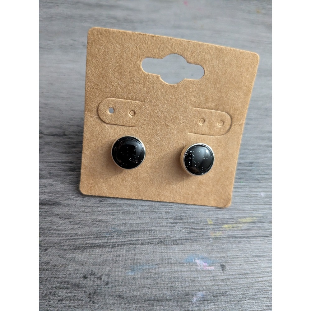 Handmade Black Starry Night Galaxy Round Stud Earrings Silver Tone Glitter